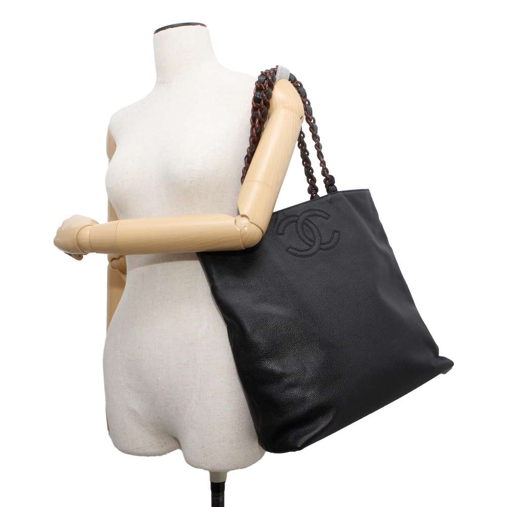 CHANEL CC Logo Wood Grain Plastic Chain Tote Bag Black A14202 Caviar Leather