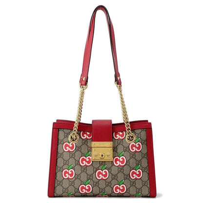GUCCI GG Apple ChainShoulder Bag Beige/Red 498156 GG SupremeCanvas Leather