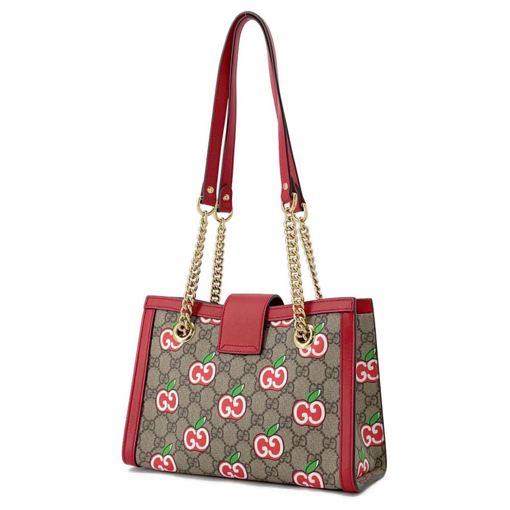 GUCCI GG Apple ChainShoulder Bag Beige/Red 498156 GG SupremeCanvas Leather
