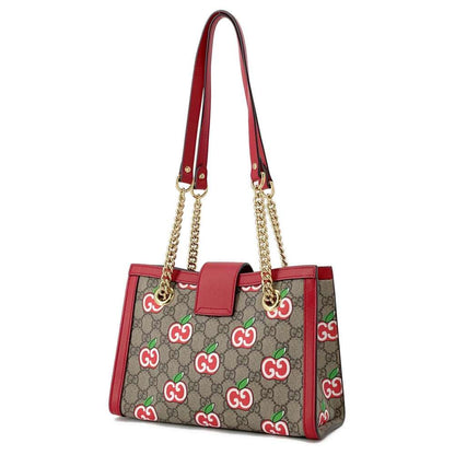GUCCI GG Apple ChainShoulder Bag Beige/Red 498156 GG SupremeCanvas Leather