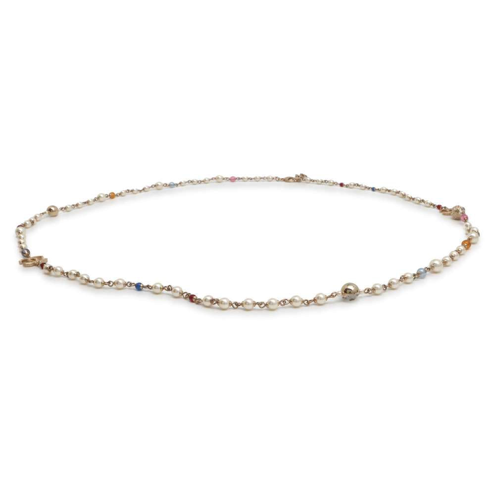 CHANEL CC Logo Faux Pearl  Necklace Champagne Gold Metal