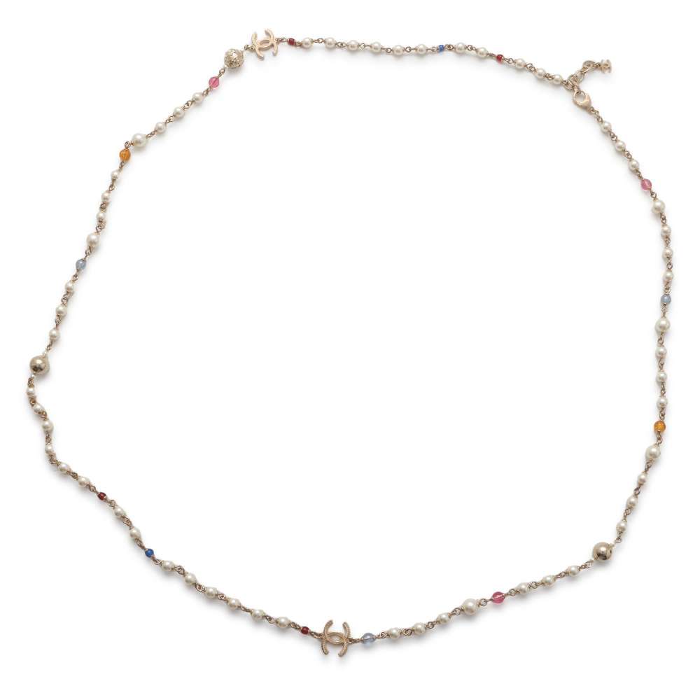 CHANEL CC Logo Faux Pearl  Necklace Champagne Gold Metal