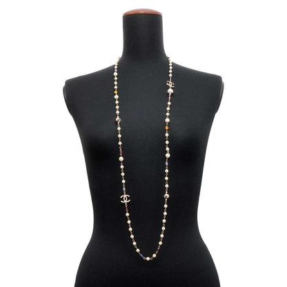 CHANEL CC Logo Faux Pearl  Necklace Champagne Gold Metal
