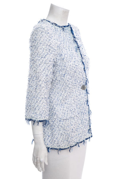 Chanel White & Blue Shimmer Tweed Jacket SZ 36