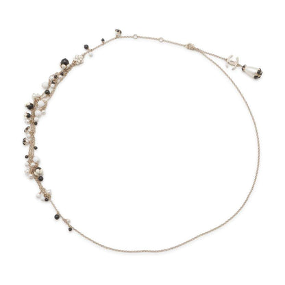 CHANEL CC Logo Camellia Faux Pearl Long Necklace Black/Champagne Gold/White Metal