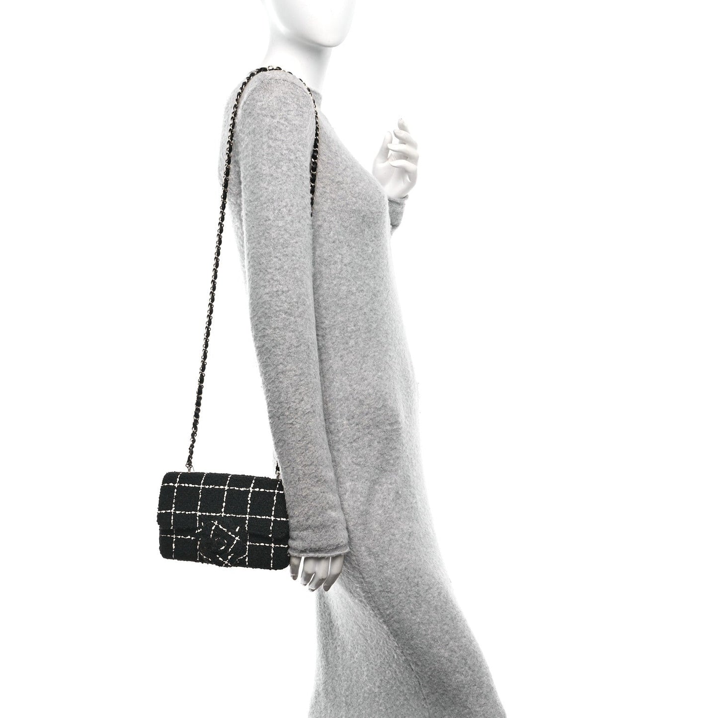 Tweed Quilted Small Camellia Flap Black White