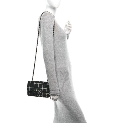 Tweed Quilted Small Camellia Flap Black White