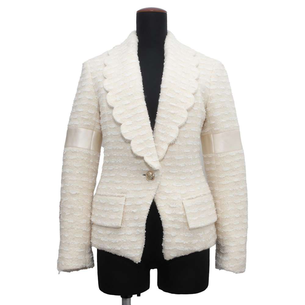 Chanel Scalloped Tweed Jacket Size 34 Beige P65277 Wool 49% Polyamide38% Silk13%