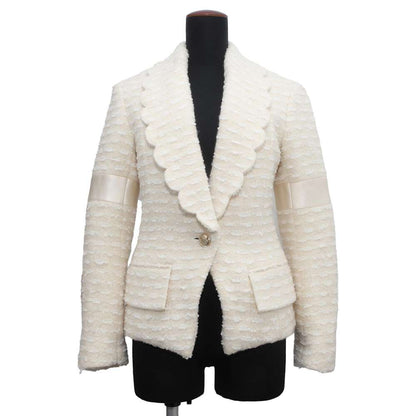 Chanel Scalloped Tweed Jacket Size 34 Beige P65277 Wool 49% Polyamide38% Silk13%