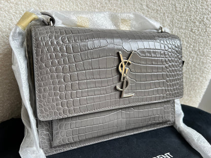 Yves Saint Laurent (YSL) Grey Croc Medium Sunset with Silver Hardware