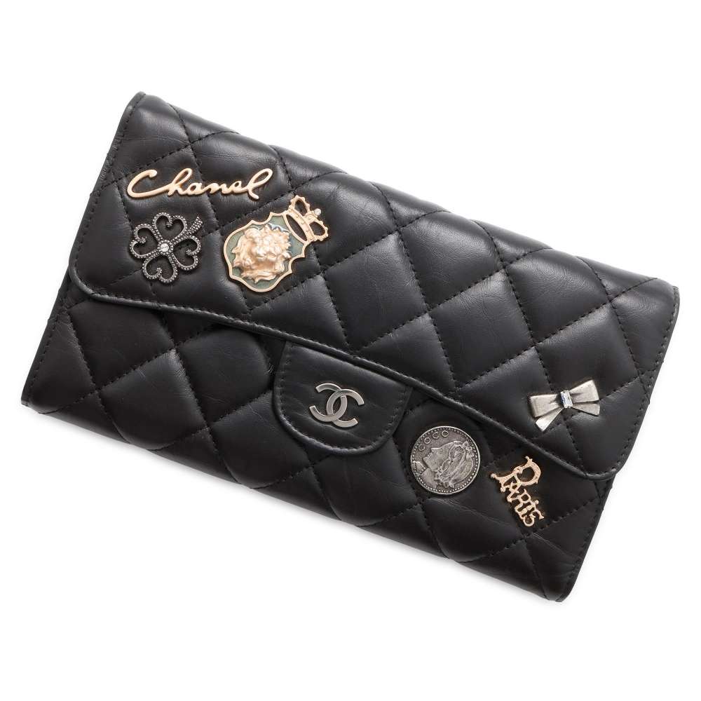 CHANEL Matelasse IconBag Charm Long Wallet Black Lambskin