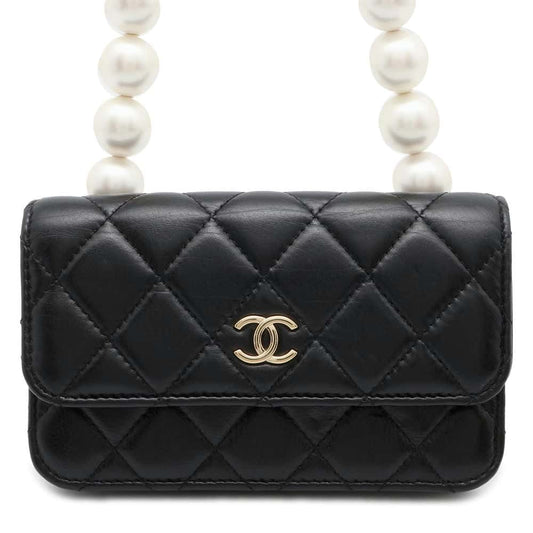 CHANEL matelasse pearl chain wallet Black AP1839 Lambskin