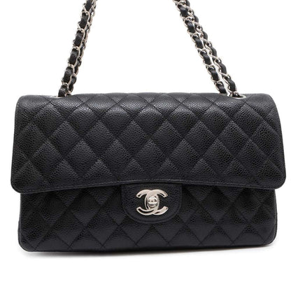 Chanel Matelasse W Flap ChainShoulder Bag Black A01112 Caviar Leather Size 25