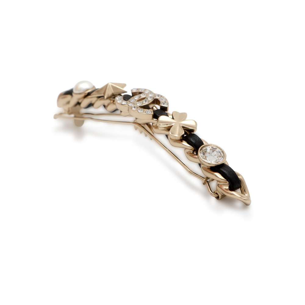 Chanel CC Logo/Clover/Star Barrette Hairpin Rhinestone Faux Pearl  Gold Plated
