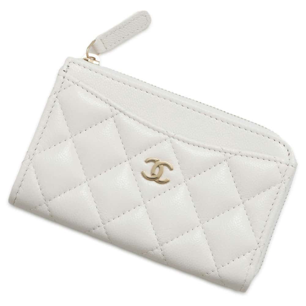Chanel Matelasse Classic Zip Card Coin Purse White AP3179 Caviar Leather