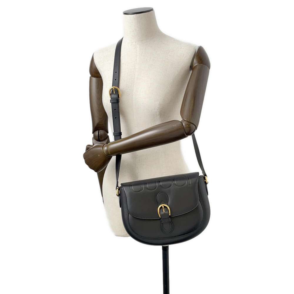 GUCCI Embossed Logo Buckle Shoulder Bag Black 675923 Leather