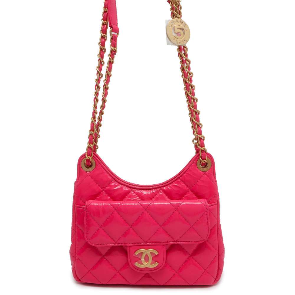 Chanel Matelasse CC Logo Hobo Bag Pink AS3710 Shiny Calf Leather