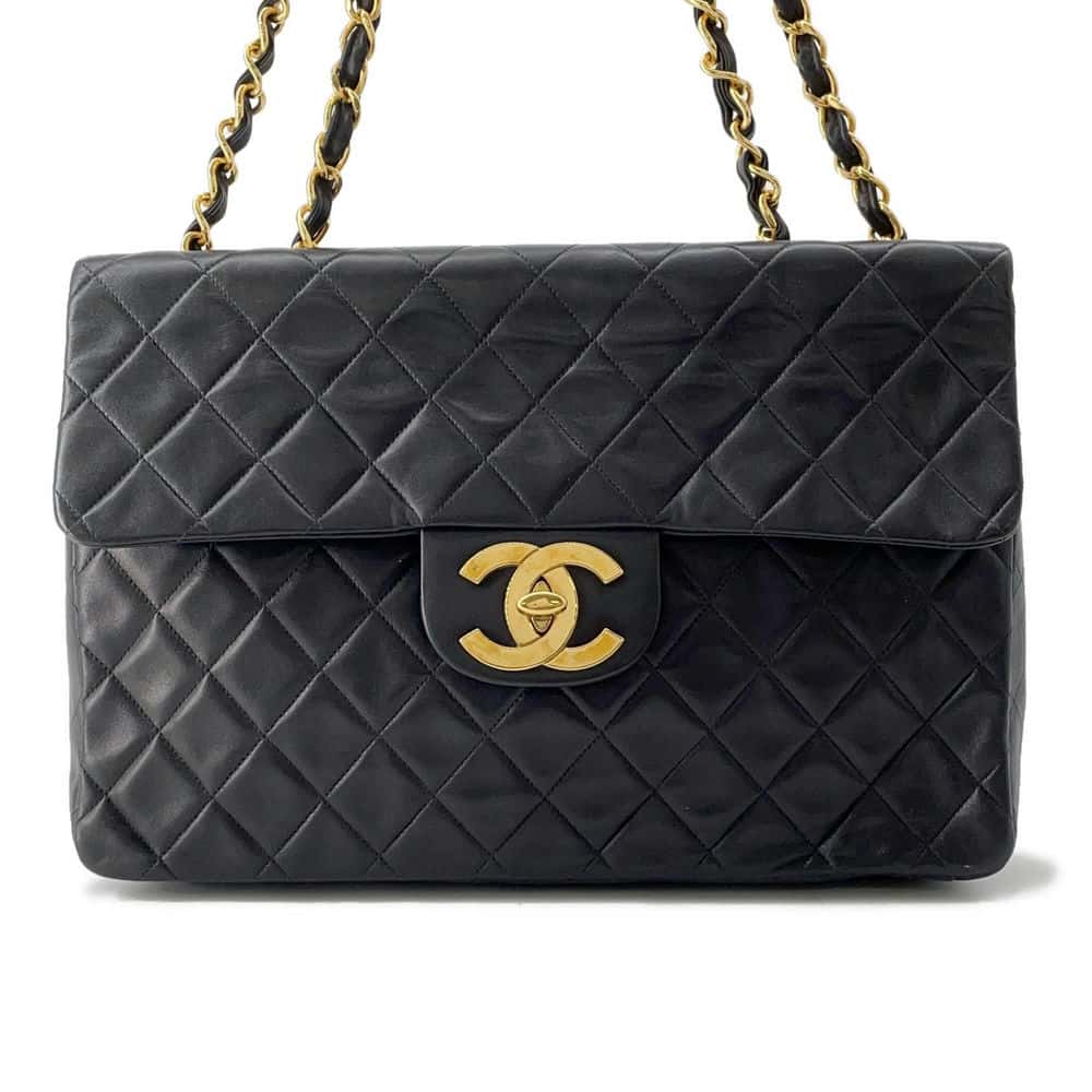 Chanel Jumbo Matelasse ChainShoulder Bag Black Lambskin Size 34
