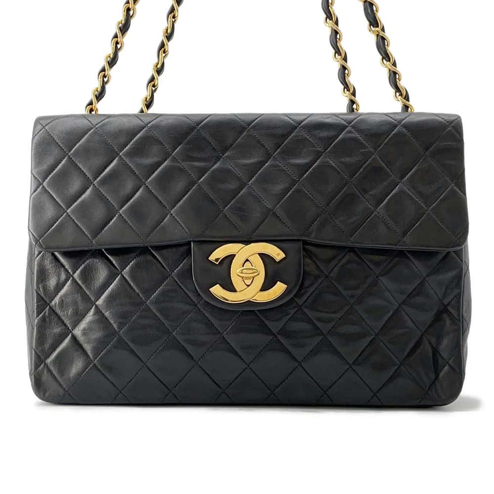 Chanel Jumbo Matelasse ChainShoulder Bag Black Lambskin Size 34
