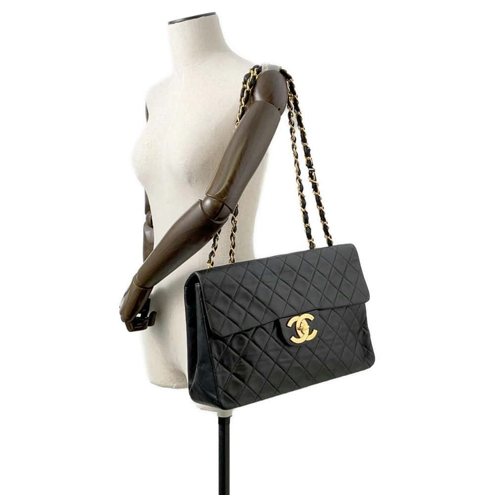 Chanel Jumbo Matelasse ChainShoulder Bag Black Lambskin Size 34