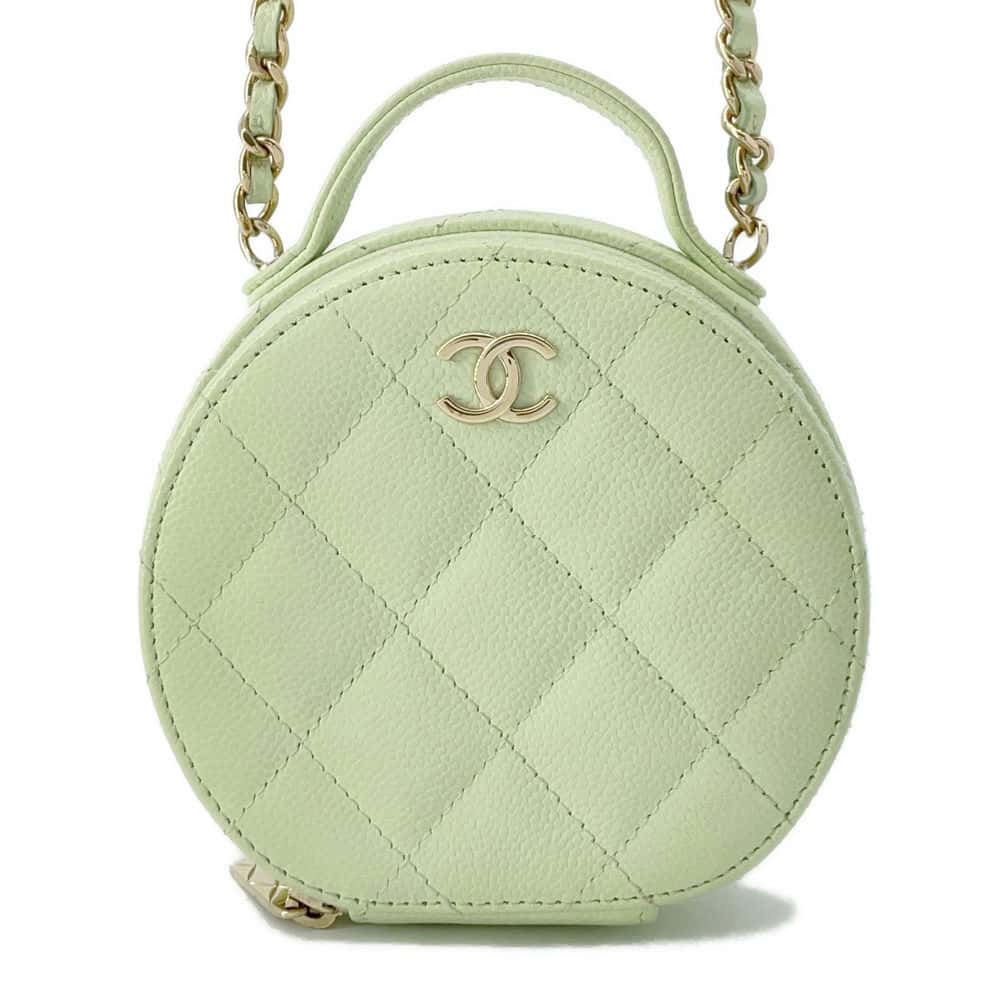 Chanel Matelasse Round ChainShoulder Bag Green AP2502 Caviar Leather Size Small