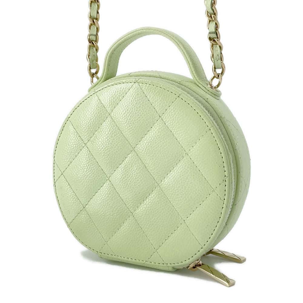 Chanel Matelasse Round ChainShoulder Bag Green AP2502 Caviar Leather Size Small