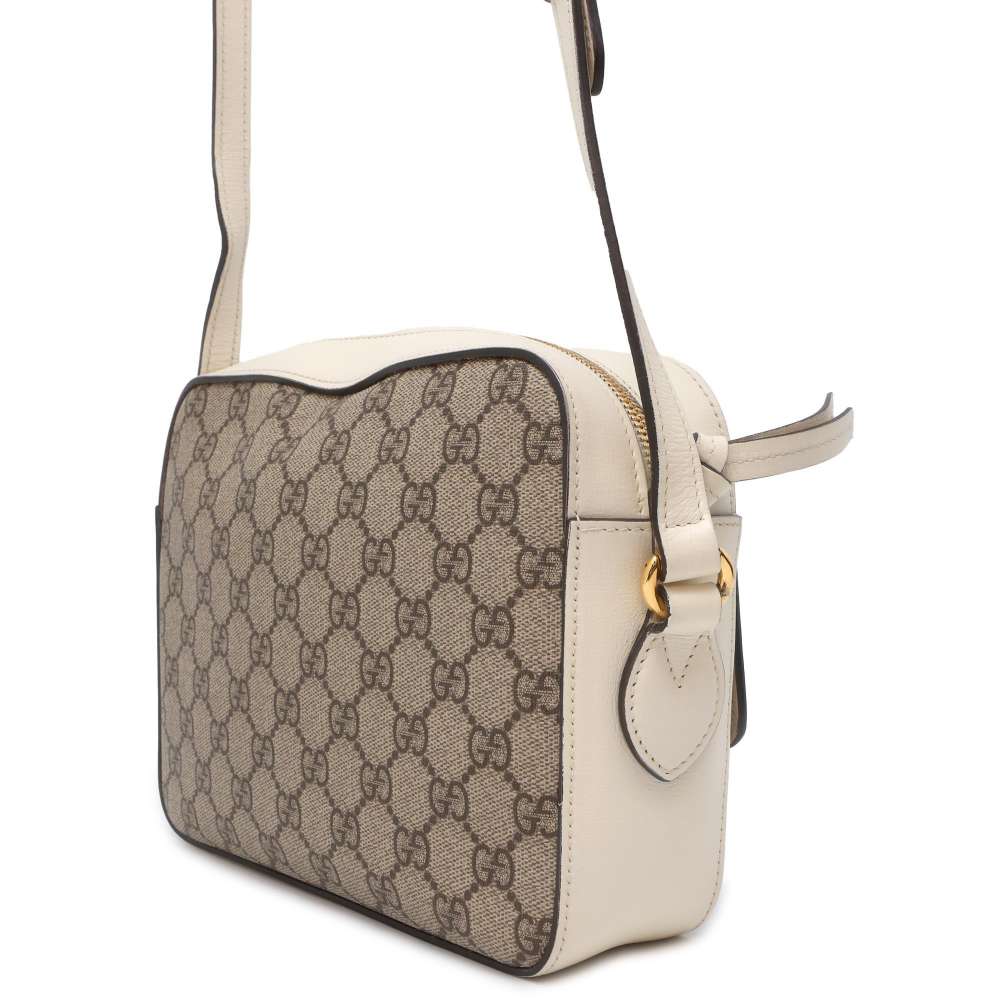 GUCCI GG Supreme Horsebit Shoulder Bag Beige/White 645454 PVC Leather Size Small