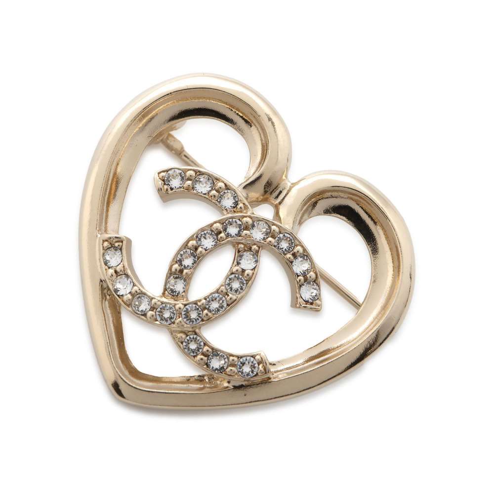 Chanel CC Logo Heart Rhinestone Brooch Gold ABA093 Metal Rhinestone