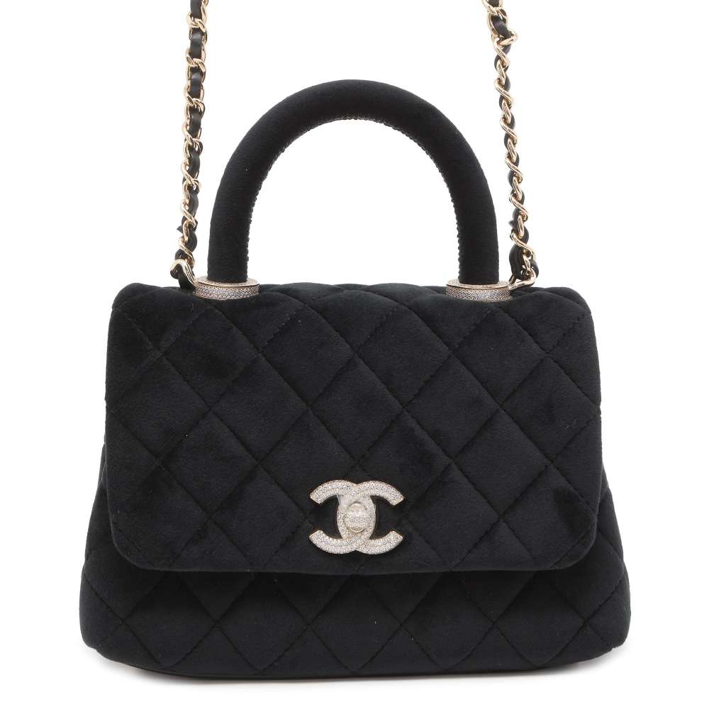 Chanel Coco Handle Rhinestone 2WAY HandBag Black Velvet Size XXS
