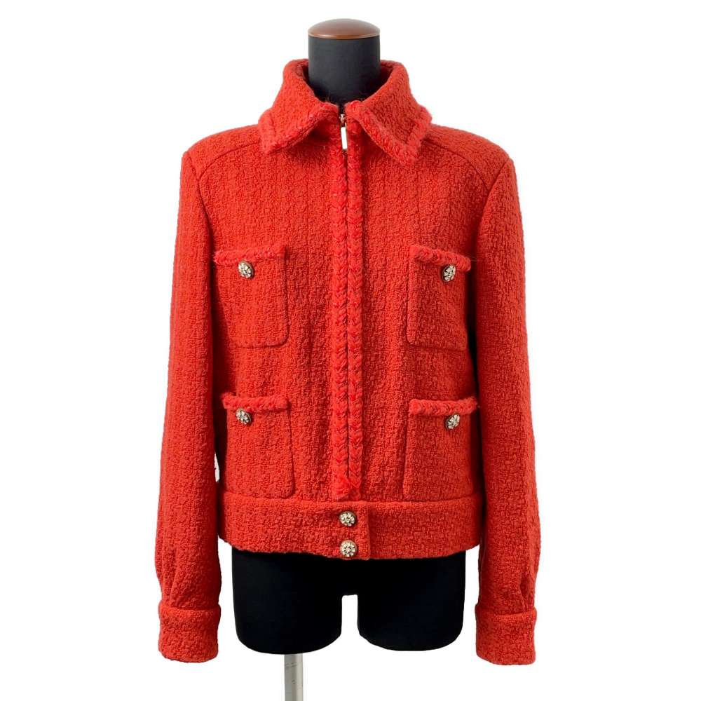 Chanel Tweed Zip Jacket Size 36 Red P62366 Wool 100%