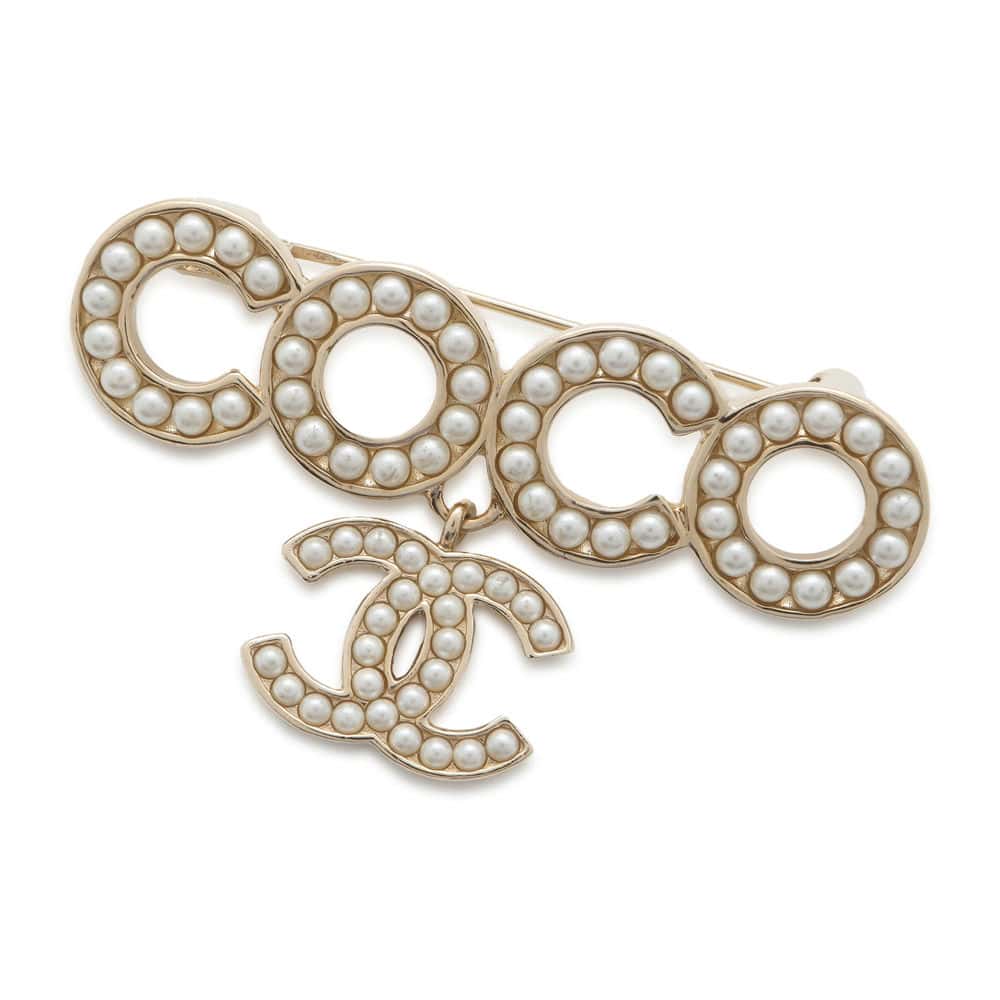 CHANEL Brooch COCO logo Gold Metal Faux Pearl
