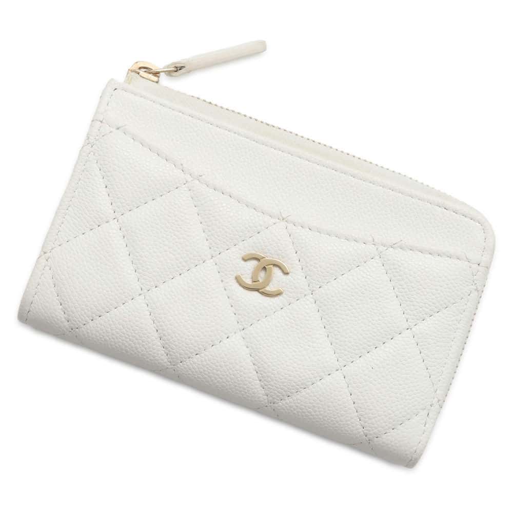 Chanel Matelasse Classic Zip Card Coin Purse White AP3179 Caviar Leather