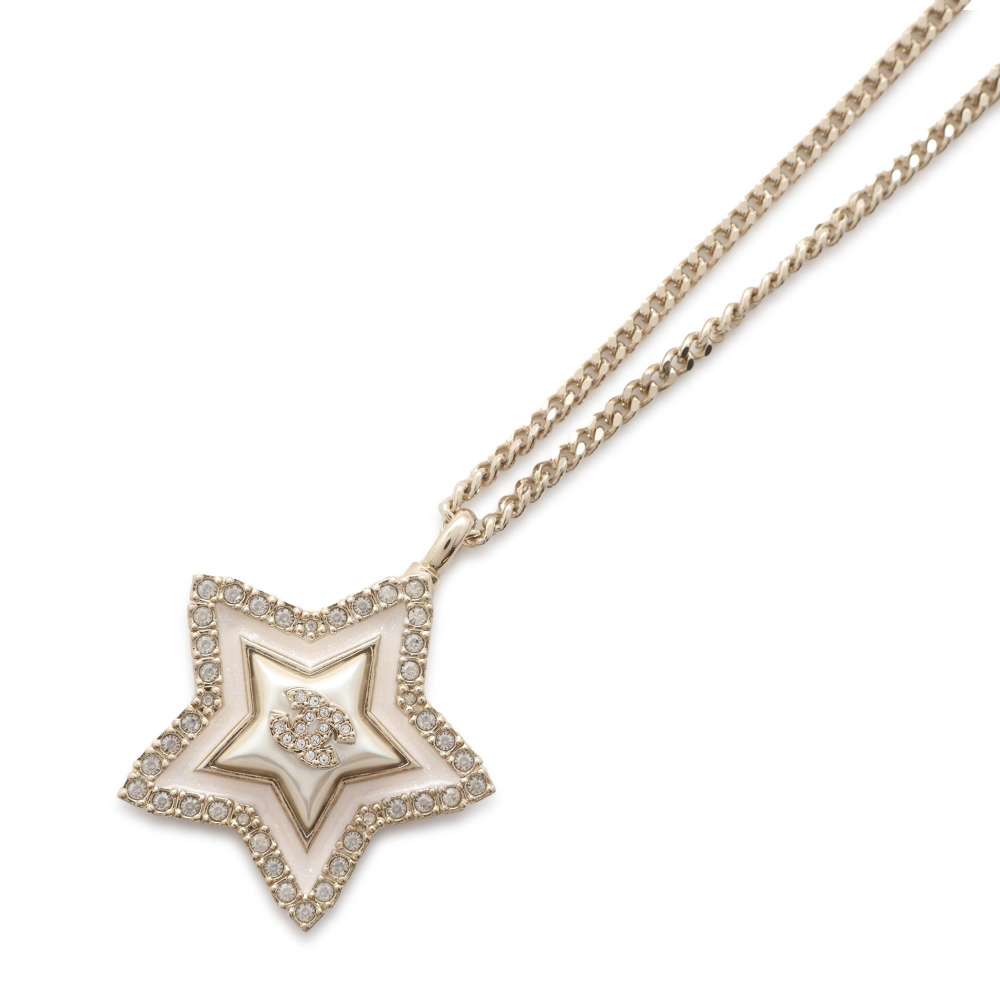 Chanel CC Logo Rhinestone Star Necklace Champagne Gold Metal