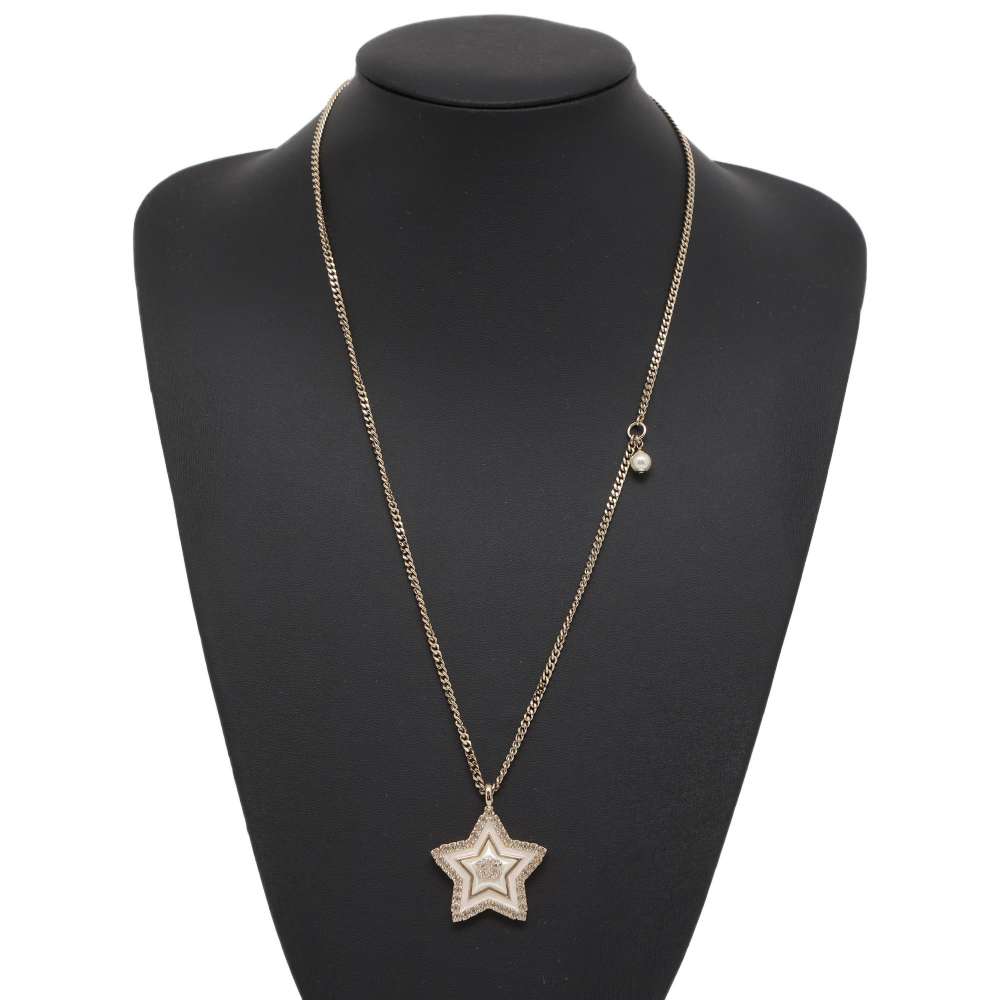 Chanel CC Logo Rhinestone Star Necklace Champagne Gold Metal