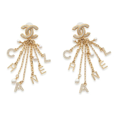 CHANEL CC Logo CHANELChainEarrings Gold AB3405 Metal Rhinestone Faux Pearl