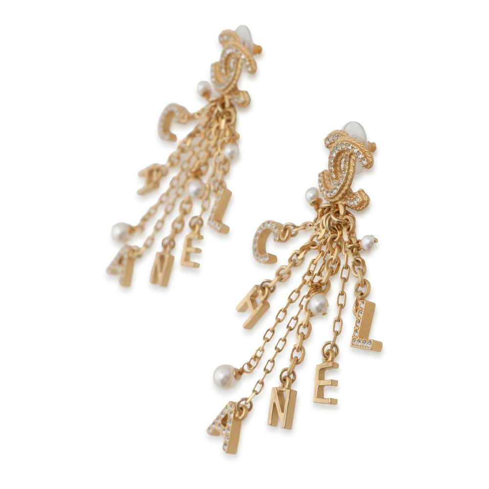 CHANEL CC Logo CHANELChainEarrings Gold AB3405 Metal Rhinestone Faux Pearl