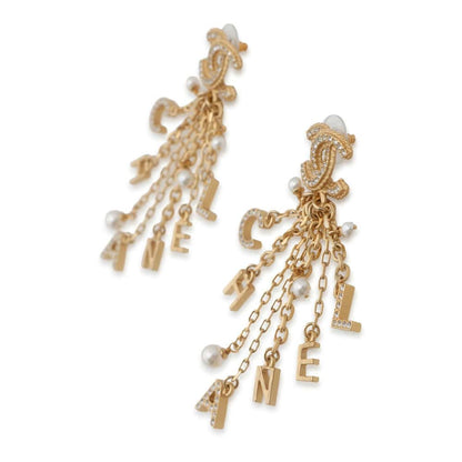 CHANEL CC Logo CHANELChainEarrings Gold AB3405 Metal Rhinestone Faux Pearl