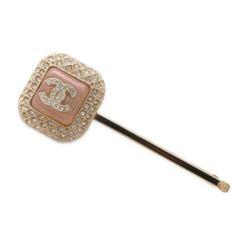 Chanel CC Logo Rhinestone Hairpin Champagne Gold/Pink Metal Rhinestone