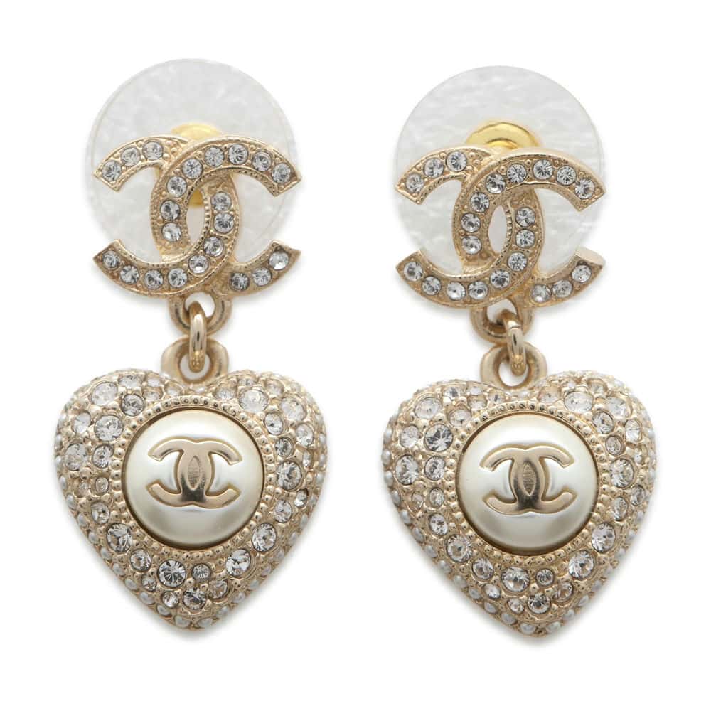 Chanel CC Logo Heart Swing Earrings Gold AB9398 Metal Rhinestone Faux Pearl