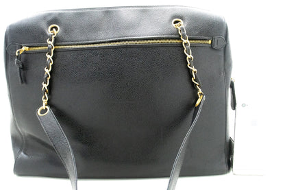 CHANEL Caviar Big Large Chain Shoulder Bag Black Leather Gold Zip