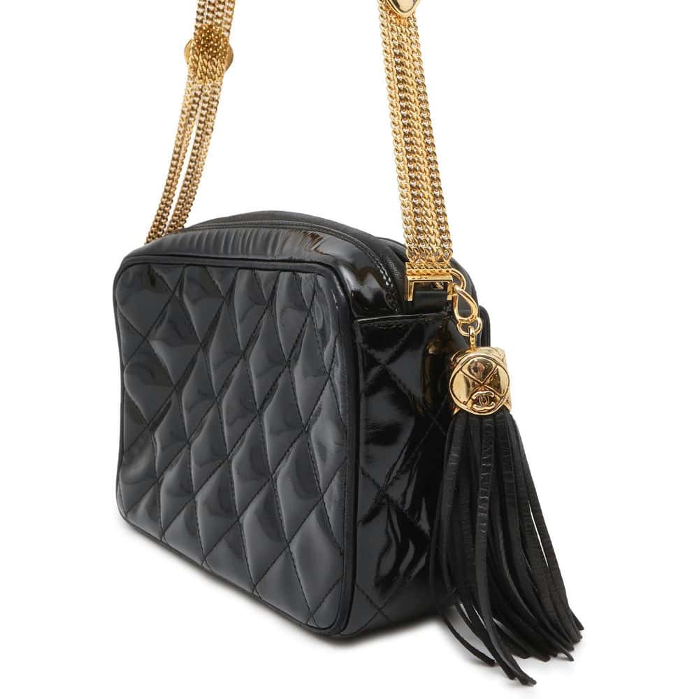 Chanel Tassel ChainShoulder Bag Black Patent Leather Leather Size Mini