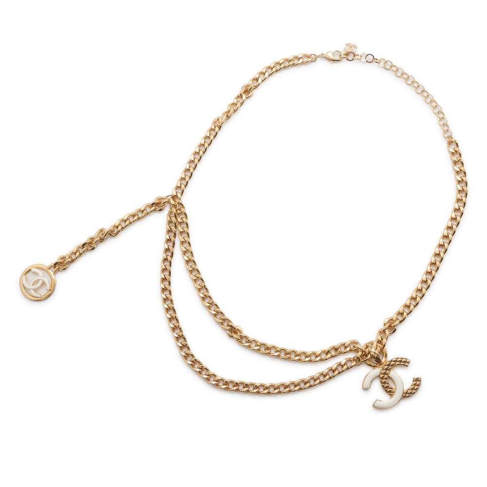 Chanel CC Logo ChainBelt Size 76 Gold/White Metal Enamel