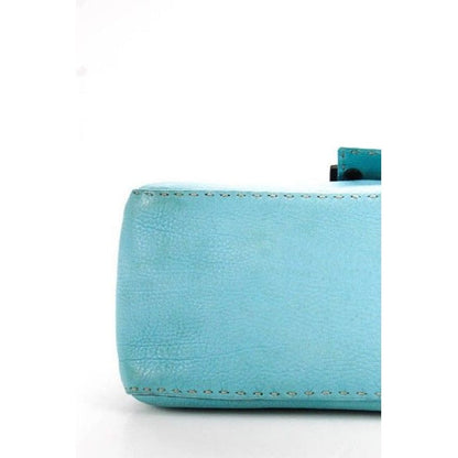 Fendi Light Turquoise Blue Leather Mamma Selleria Purse With Taupe Contrast Stitching & Chrome Hardware