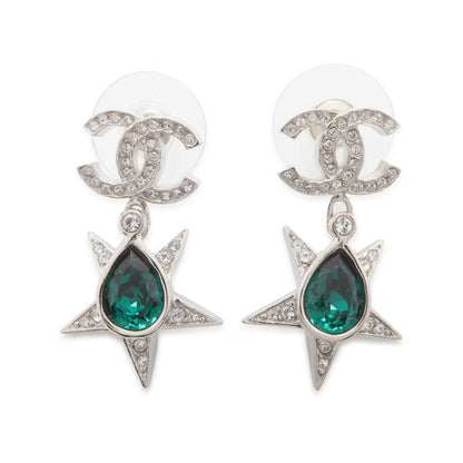Chanel CC Logo Star Earrings Silver/Green ABA382 Rhinestone Metal