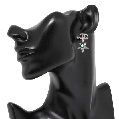 Chanel CC Logo Star Earrings Silver/Green ABA382 Rhinestone Metal
