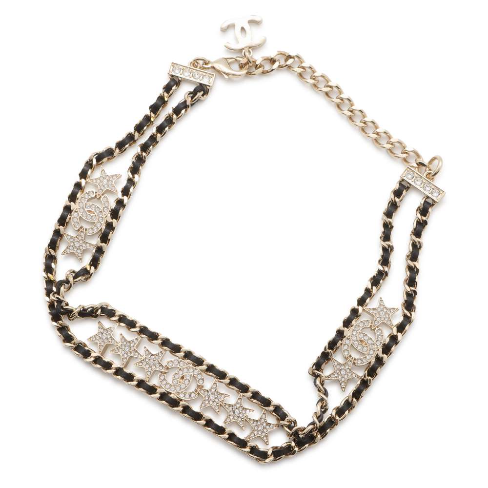 Chanel CC Logo/Star Rhinestone Choker Necklace Champagne Gold/Black AB9808 B09817 Metal Rhinestone Leather