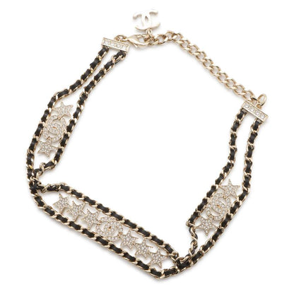 Chanel CC Logo/Star Rhinestone Choker Necklace Champagne Gold/Black AB9808 B09817 Metal Rhinestone Leather
