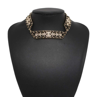 Chanel CC Logo/Star Rhinestone Choker Necklace Champagne Gold/Black AB9808 B09817 Metal Rhinestone Leather