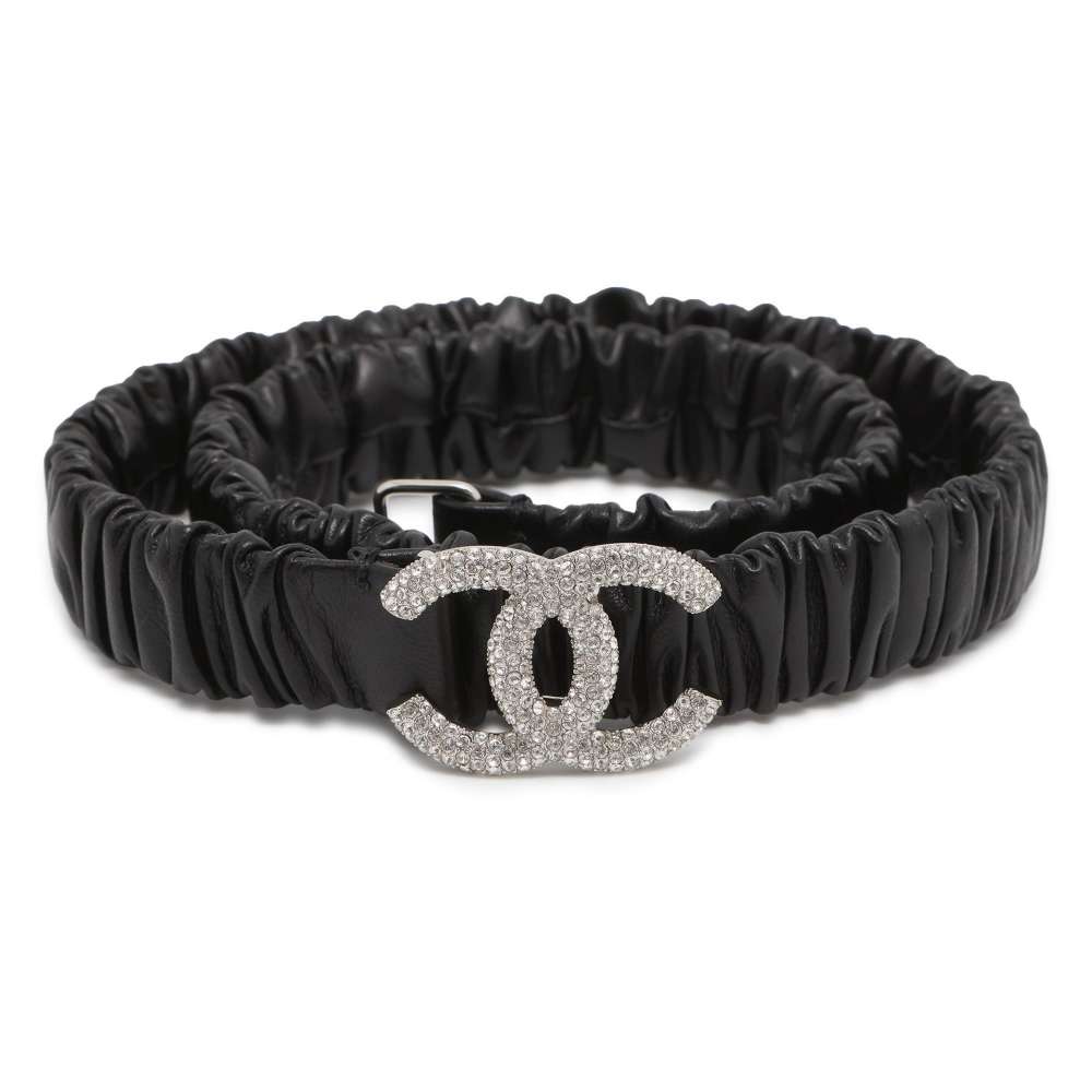CHANEL CC Logo RhinestoneGathered Belt Size 75 Black AA9476 Rhinestone Leather