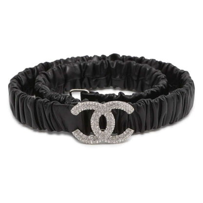 CHANEL CC Logo RhinestoneGathered Belt Size 75 Black AA9476 Rhinestone Leather